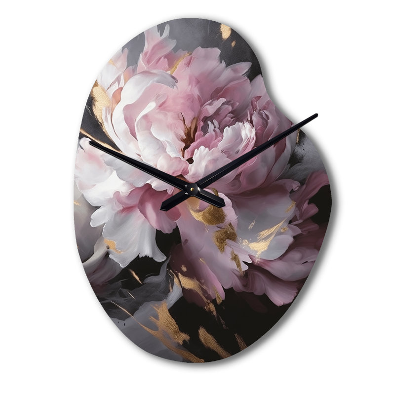 Harmonieux rose gris pivoine II - horloge murale asymétrique moderne en métal, impression d'horloge murale rose, Petit