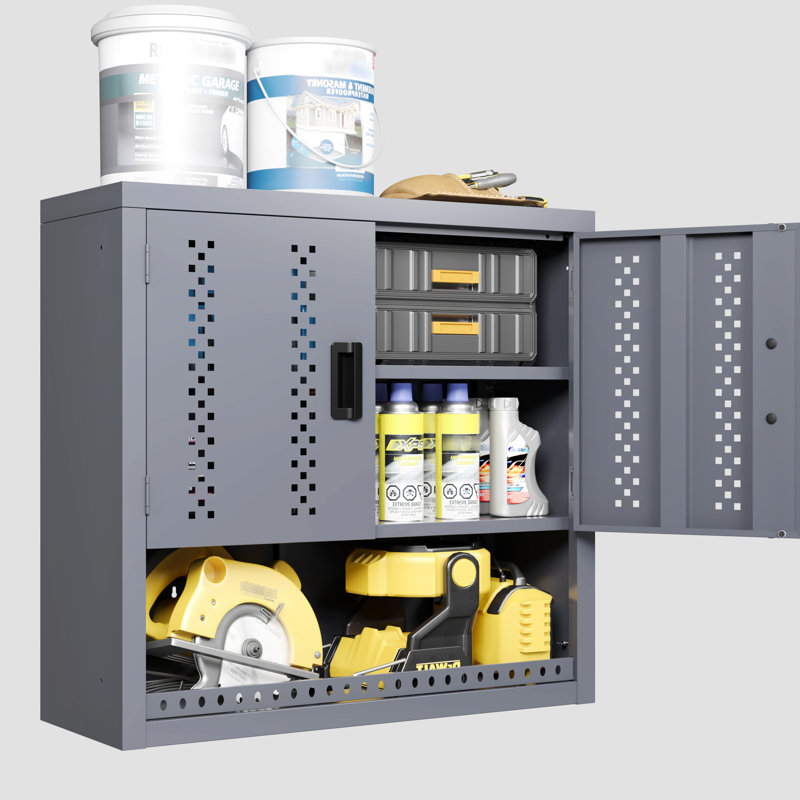 Gray 29.58" H Wall - Mounted Garage Storage Cabinet With Door, Floating Tool Cabinet, Easy To Use Hinge, Removable Shelving H, Metal Shelves, Smooth Opening Hinge Structure