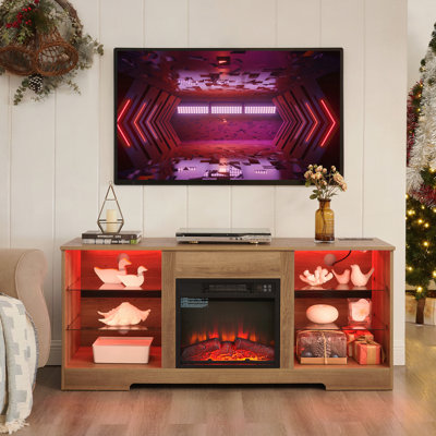 Meuble télé avec foyer électrique et tablettes en verre, meuble télé avec foyer et lumières DEL en bois avec prise de charge USB Centre de table de télévision moderne pour téléviseur de 32 à 62 po