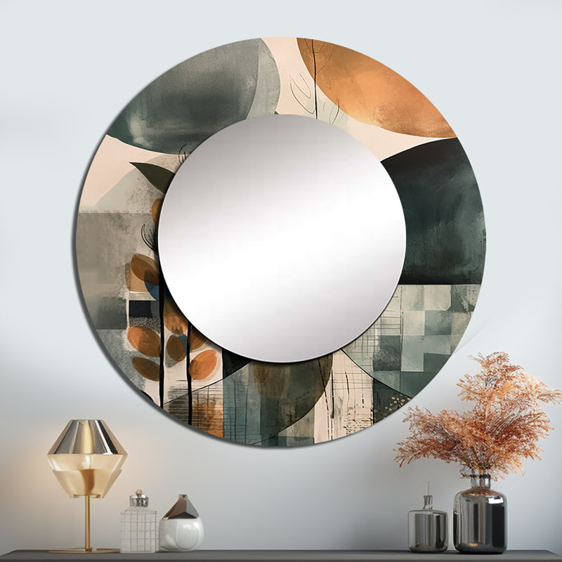 «Priscylla» vert et brun artistique Libération II - miroir décoratif plume Boho, miroir mural rond vert, impression sur métal