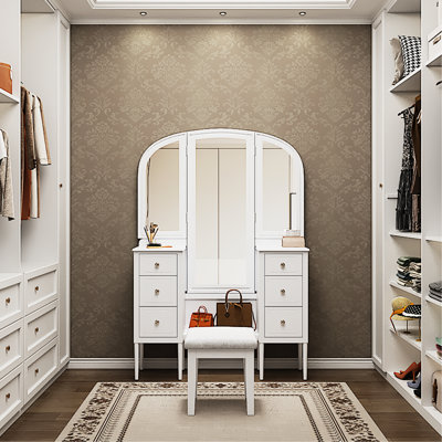 Triple Mirror White Dressing Vanity With 6 - Drawer Arrangement, Stool And Full Length For Bedroom Space Antique Style Makeup Mirror, Storage Solution, Comfortable