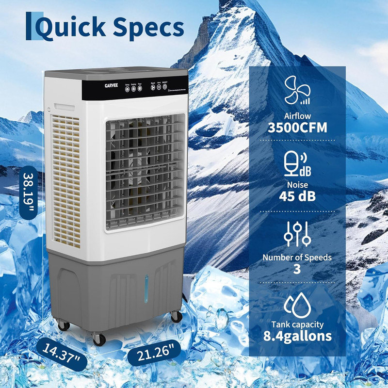 Refroidisseur d'air portatif 8,4 gallons avec 3500 CFM, tactile et télécommande, 3 vitesses, minuterie 12H, oscillation de 120 degrés, 4 blocs de glace pour une utilisation intérieure / extérieure