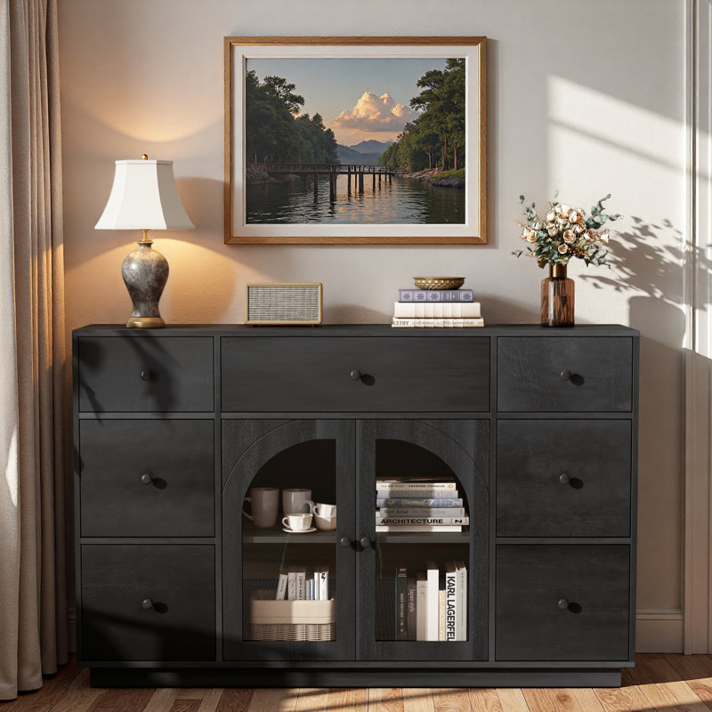 Buffet avec 2 portes, 7 tiroirs et tablette réglable, Noir