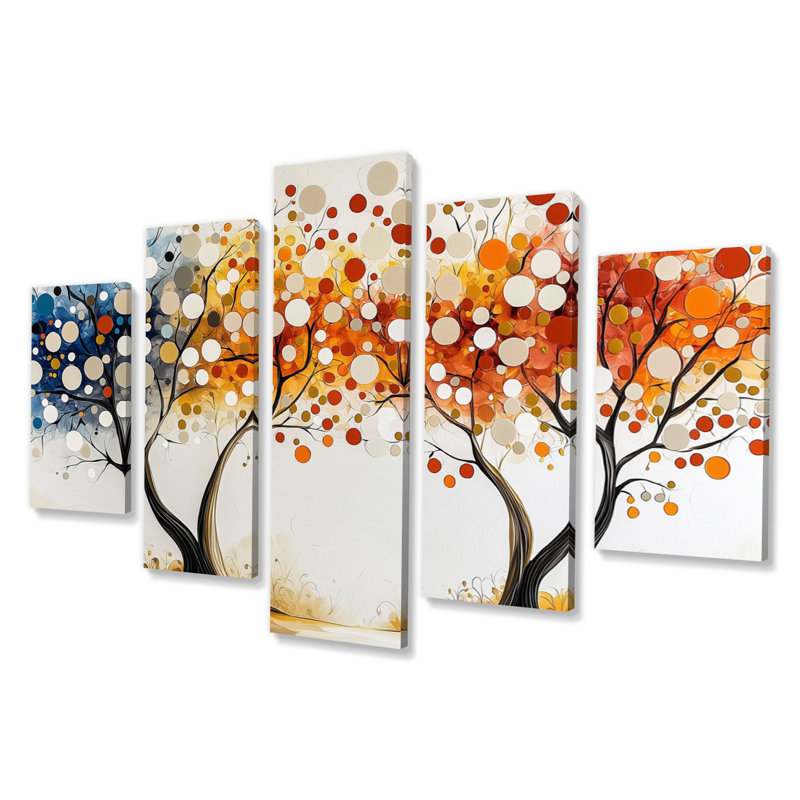 Automne orange et bleu, arbre, saisons, reflets IV - ensemble abstrait d'art mural Mid-Century