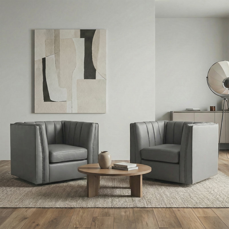 35.4'' Wide Upholstered Swivel Chair, Gray Faux Leather