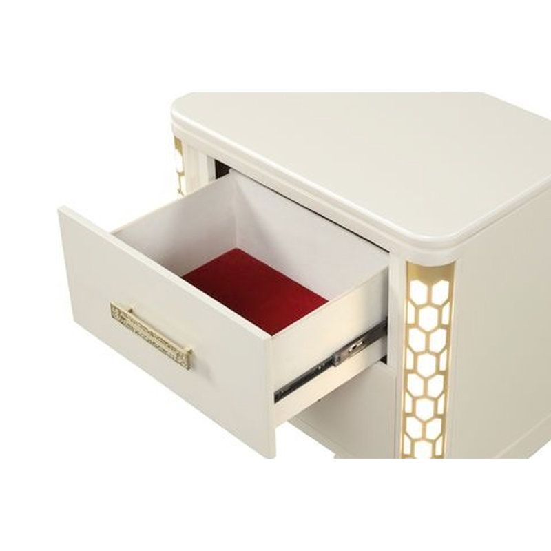 Armoire de chevet beige à 2 tiroirs avec éclairage à DEL et attrayante garniture décorative dorée