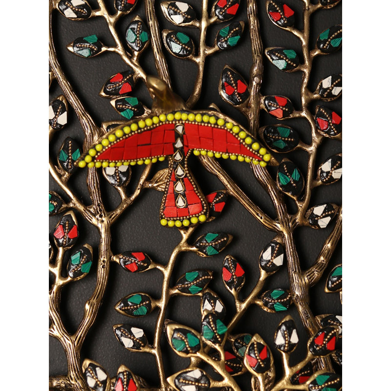 51" Extra Large Tree of Life Wall Art with Birds - Handcrafted Brass with Multi-Stone Inlay Work - Majestic Banyan Tree Statement Décor