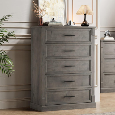 Commode 5 tiroirs pour chambre à coucher, grande commode de style campagne avec poignées en métal