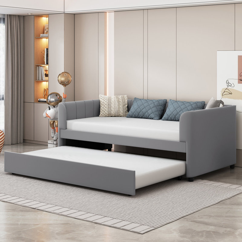 Lit de jour simple rembourré avec dossier ergonomique et lit gigogne, Gris
