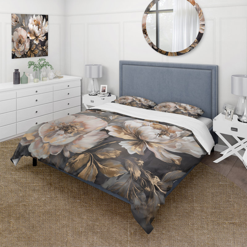 Ensemble de housse de couette en microfibre / polyester blanc et gris Blooms In Motion IV Bedding