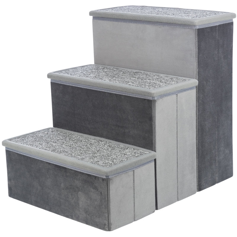 Gray Velour Foldable 3-Step Pet Stairs with Storage