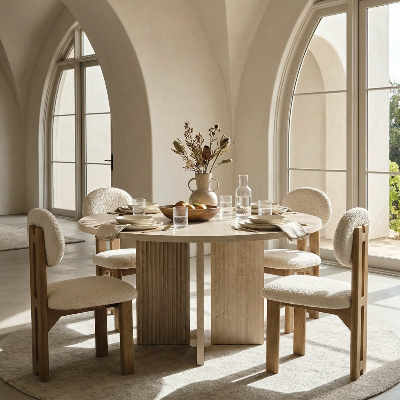 47.2" Mid-Century Modern Round Dining Table with Fluted 4 Legs Base, Beige Wood Texture, White