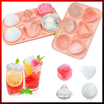 2 Pack Silicone Ice Cube Trays - Extra Large 3D Ice Molds With Leak-Proof Funnel Lid | Create Fun Diamond/Sphere/Cube Ice For Cocktails, Whiskey & Iced Coffee | BPA-Free, Flexible & Easy Release,Rose Diamond Heart Sphere,