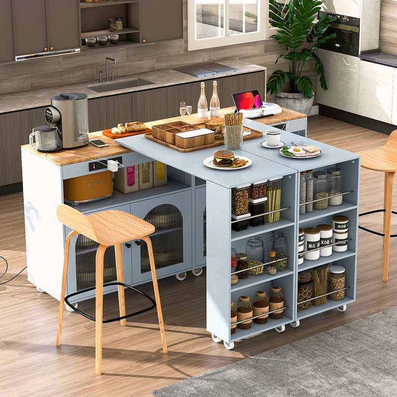 Rolling Kitchen Island With Extended Table, Kitchen Island On Wheels With LED Lights,Power Outlets And 2 Fluted Glass Doors, Kitchen Island With A Storage Compartment And Side 3 Open Shelves
