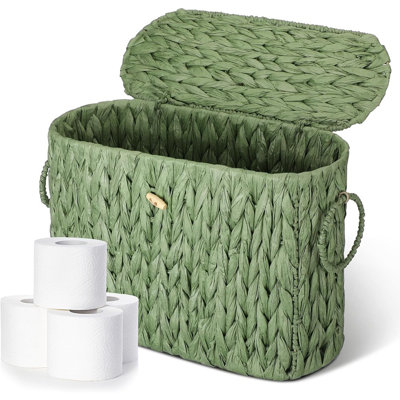 Sage Green Wicker Toilet Paper Storage Basket With Lid, Holds Up To 6 Mega Rolls, Bathroom And Kitchen Organizer