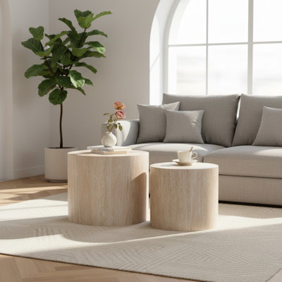 Wood Nesting Coffee Table Set - Round Solid Wood Accent Tables for Living Room (2-Piece)