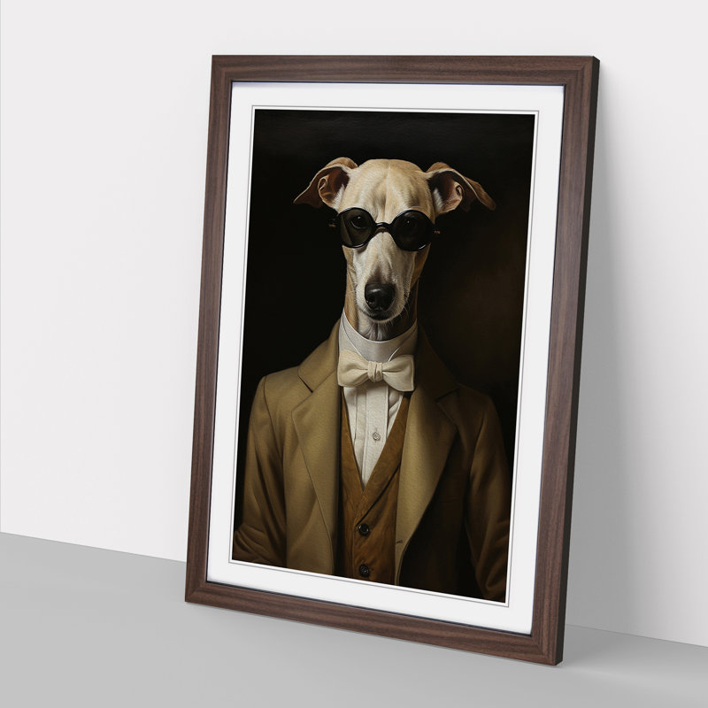 Whippet Classicism - Single Picture Frame Print on Wood, 46cm H x 34cm W x 2cm D, Walnut