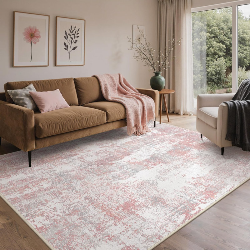 Carpettes 9 x 12 pour la chambre à coucher du salon, tapis moderne lavable à la machine, grand tapis doux à poils courts avec envers antidérapant pour la salle à manger, rose / gris