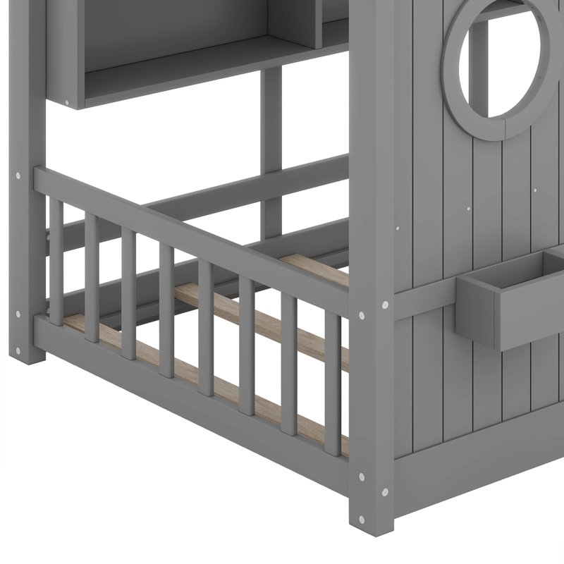 Conception de maisonnette avec tablette de rangement et base de lit en bois, Gris, Lit simple