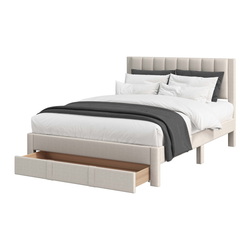 Channel Tufted Bed with Storage, Beige, Full
