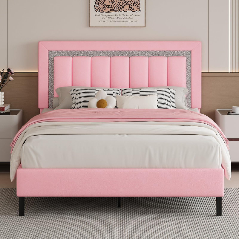 Ensemble de lit plateforme tapissier Diamond, Complète, Rose