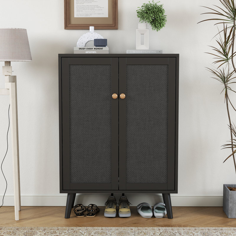 6-tiers Rattan Shoe Cabinet,  Shoe Storage Cabinet For Entryway Hallway, 2 Door Accent Cabinet With Adjustable Shelves, Black