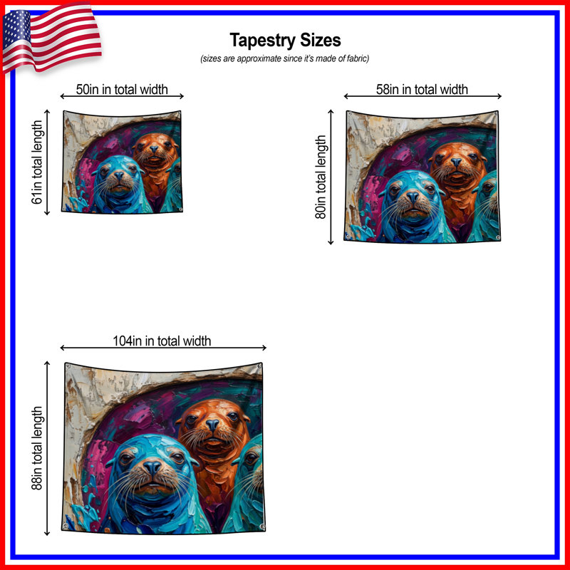Tapisserie colorée, phoque, 50in H x60in W with 4 Grommets