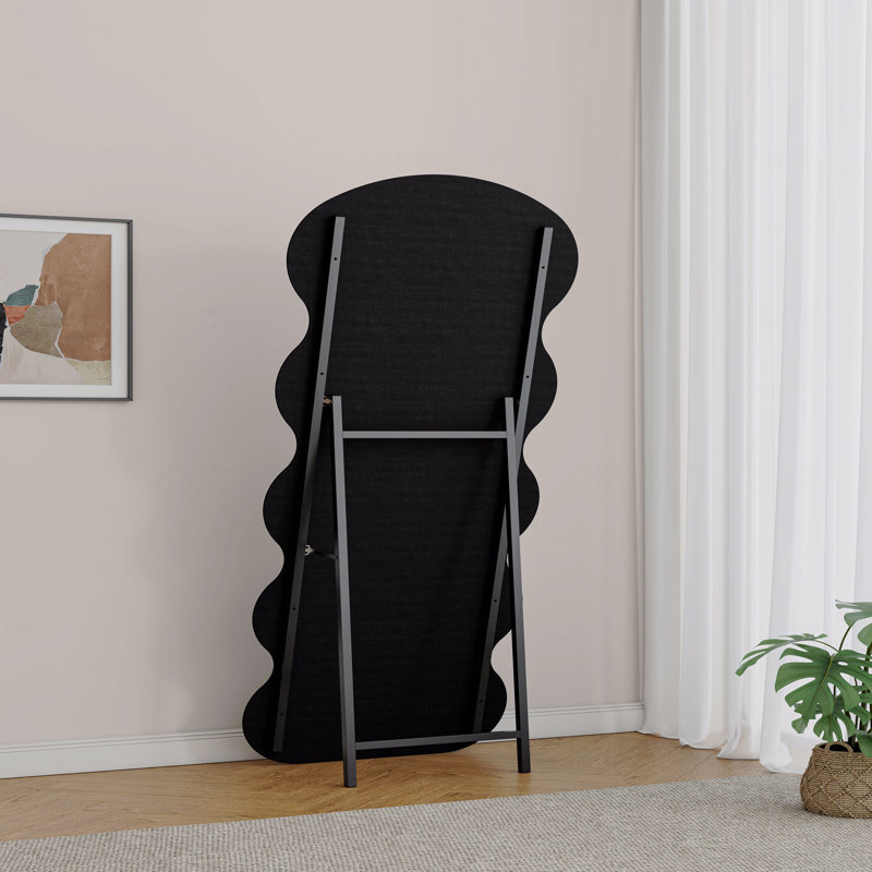 Full Length Wave Black Floor Mirror With Stand For Bedroom Living Room Hanging Or Against The Wall, Black