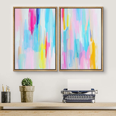 Colorful Brushstrokes Vibrant Blue Pink Pastel Paint Wall Art Framed Canvas 2 Pieces Painting Print