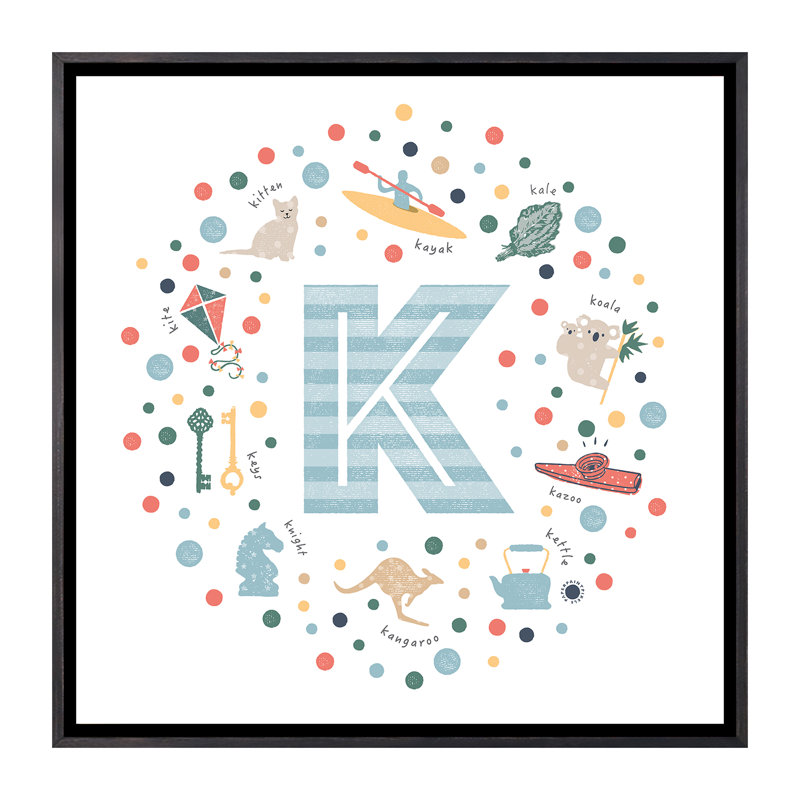 Lettre K illustrée, impression bleue, H 26 po x l 26 po x P 1,5 po, Toile avec cadre noir patiné, Pas de tapis