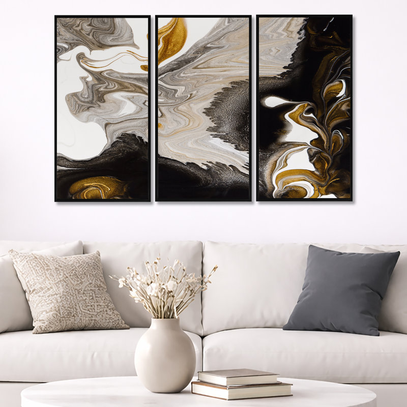 Vague de marbre doré et noir IV - ensemble de 3 peintures sur cadre flottant, H 20 po x l 36 po, Cadre flottant, Noir