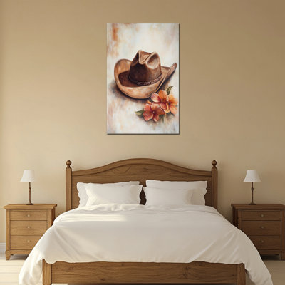 Large Fiecke - Rustic Cowboy Hat Cowgirl Art Painting Prints Artwork, Western Pictures Wall Decor for Bedroom, Wrapped Canvas With Pine Frame, 28×40 inches