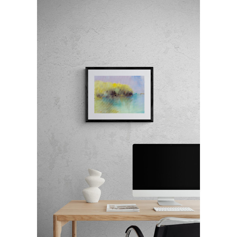 «Sunlit Beginnings» par Jacque Gouveia - Peinture, Papier avec cadre noir, H 17,25 po x l 21,25 po x P 0,88 po, Blanc
