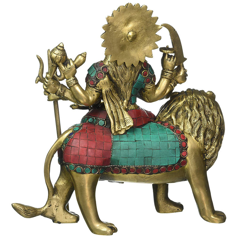 Statue de lion de la déesse Durga, fabriquée à la main à la main et assise sur un lion, 11 po
