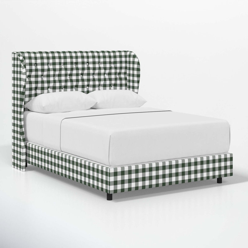 Tomey Upholstered Wingback Bed, Full, Classic Gingham Evergreen