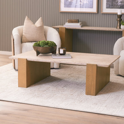 Milos Travertine Top W/ Light Brown Oak Wood Coffee Table