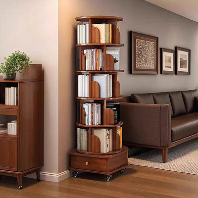 Rotating Bookshelf, 360 Display Corner Bookshelf For Small Space, 6 Tier Bookcase Storage Rack With Wheels, Wood Narrow Organizer For Bedroom, Living Room, Study Room, Walnut Brown, Shelves