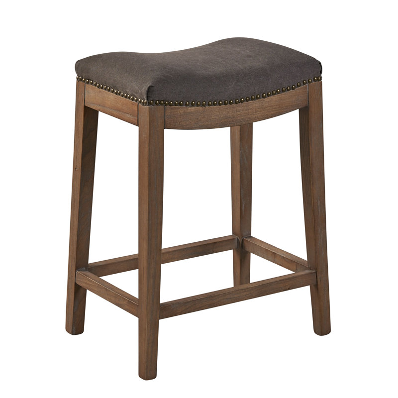 Gray Upholstered Backless Saddle Counter Stool with Wood Frame