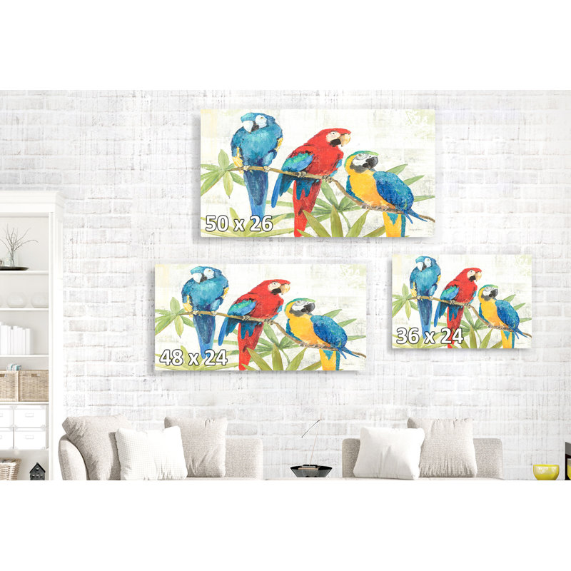 Trio de perroquets sur une branche, crevettes, rouge, bleu, vert, jaune, H 24 po x l 36 po x P 1,5 po