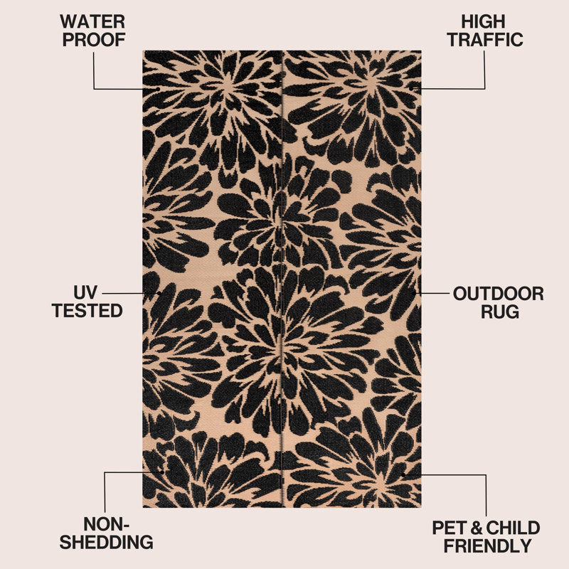 Tapis d'extérieur pliable et réversible Bloom, Noir/crème, Rectangle 5' x 8'
