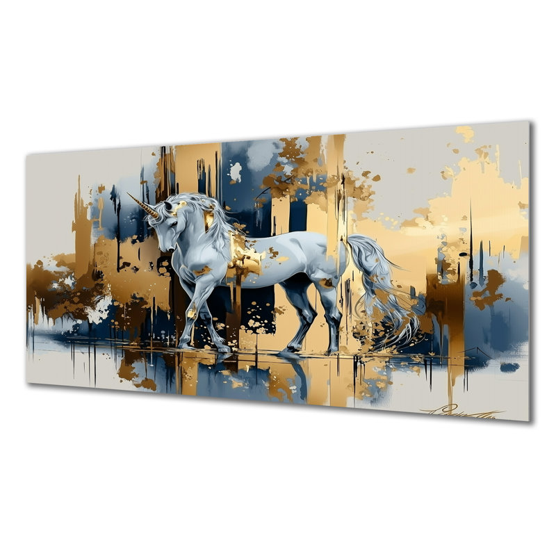 Licorne dorée Glam Portrait II - décor de licornes, impression moderne sur métal, H 28 po x l 60 po