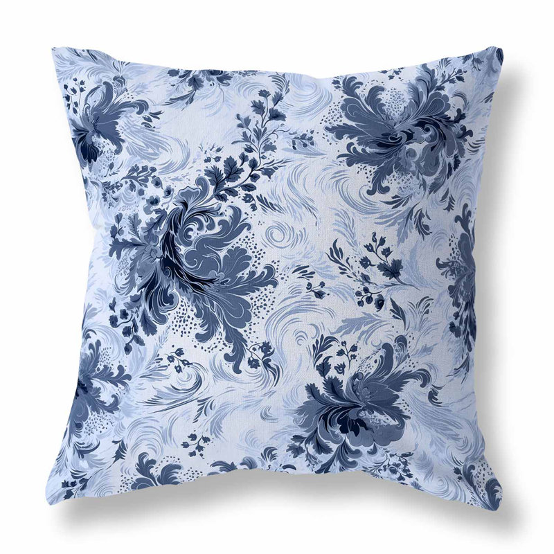 Blue and Gray Floral Faux Suede Square Throw Pillow