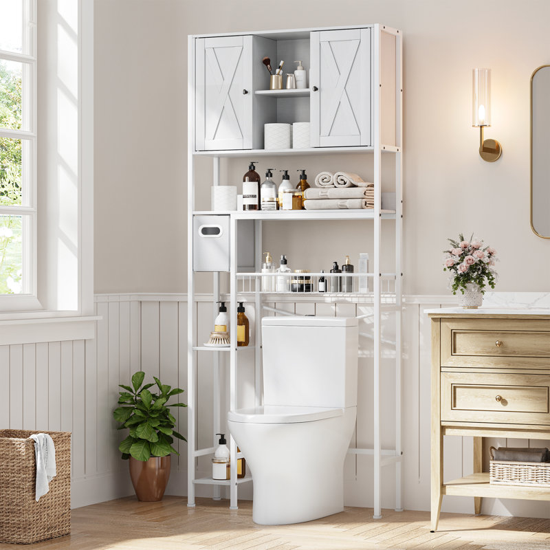 Over The Toilet Storage Cabinet Freestanding Bathroom Cabinet with Barn Doors and Toilet Paper Holder, White
