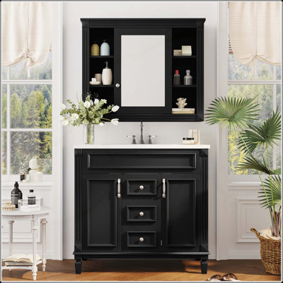 Meuble-lavabo moderne de 36 po avec lavabo supérieur, armoire à miroir et rangement spacieux, idéal pour les salles de bain élégantes et fonctionnelles.