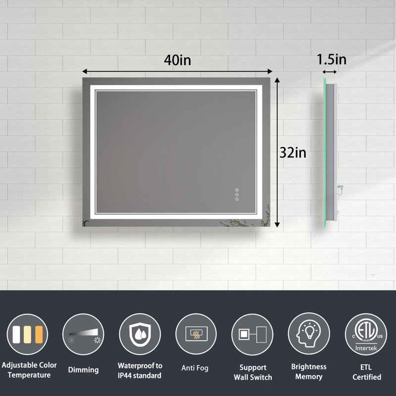 Miroir de salle de bain à DEL à intensité variable avec fonction de désembuage, Rectangle, 32 po x 40 po