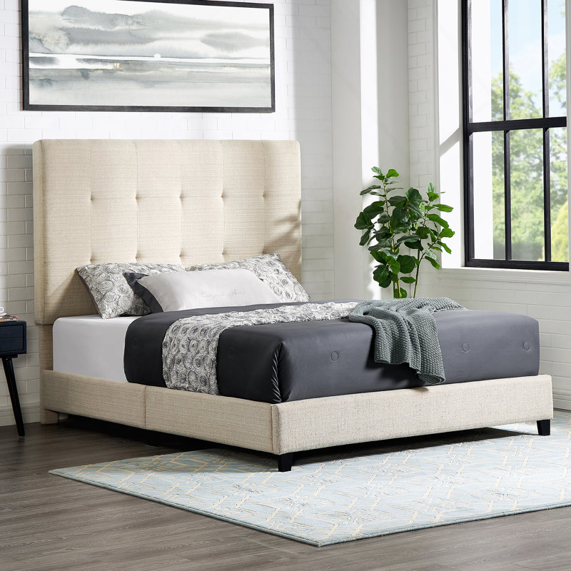 Tufted Upholstered Platform Bed, Beige