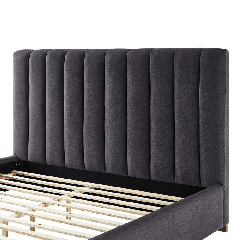 Structure de lit grand moderne, tête de lit tapissier et style, pas de sommier tapissier, tissu gris foncé, fabrication en contreplaqué de caoutchouc stable