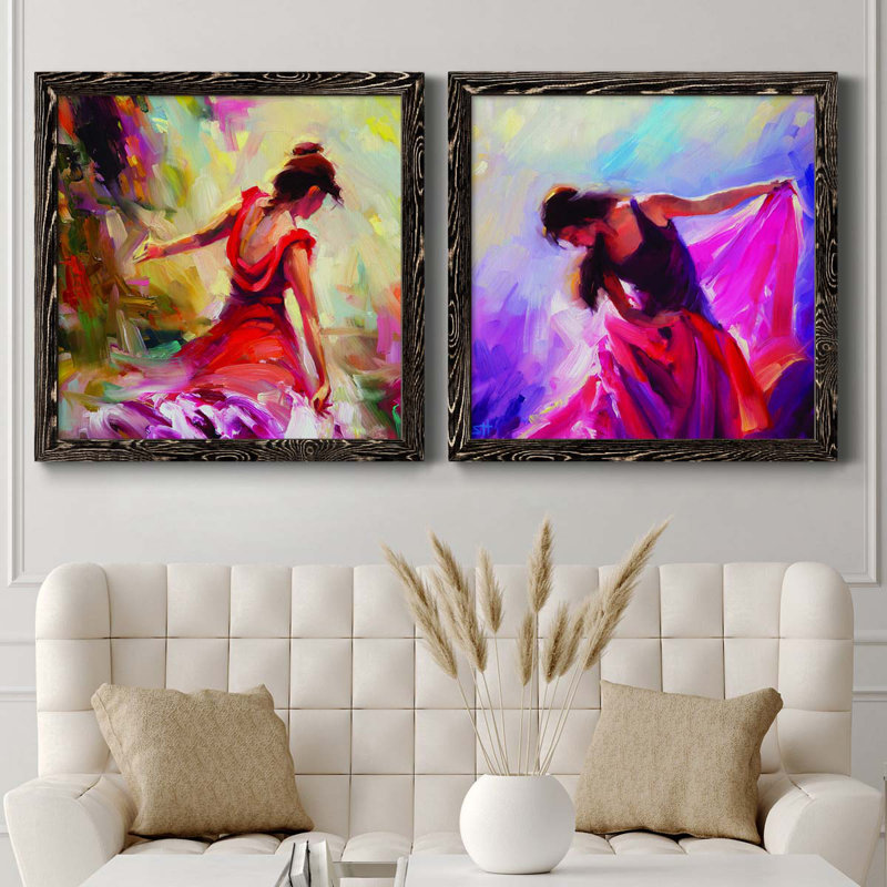 Danseuse - ensemble de 2 peintures sur toile encadrées, H 31,5 po x l 63 po x P 1,5 po, Cadre noir