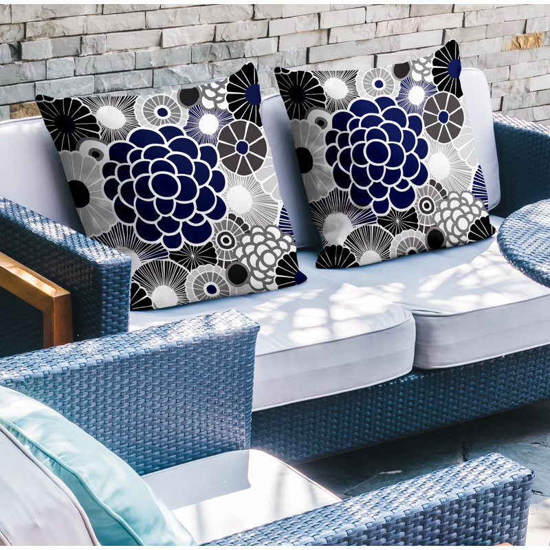 Floral Outdoor Reversible Throw Pillow, 15W" x 15H", Navy Blue