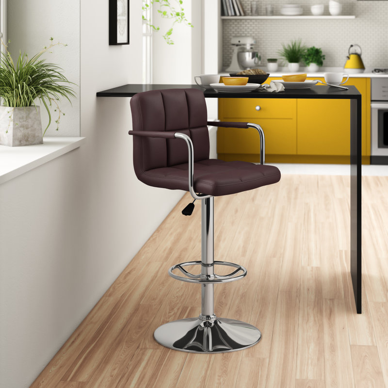 Sleek Brown Quilted Vinyl Adjustable Swivel Barstool with Chrome Base
